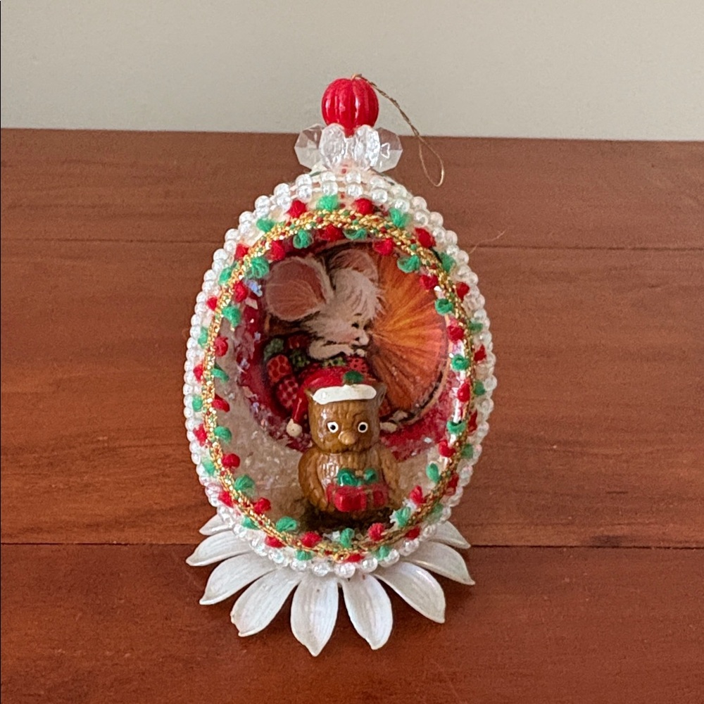 Handmade Christmas Egg Diorama Ornament Beaded Vintage Holiday Decor